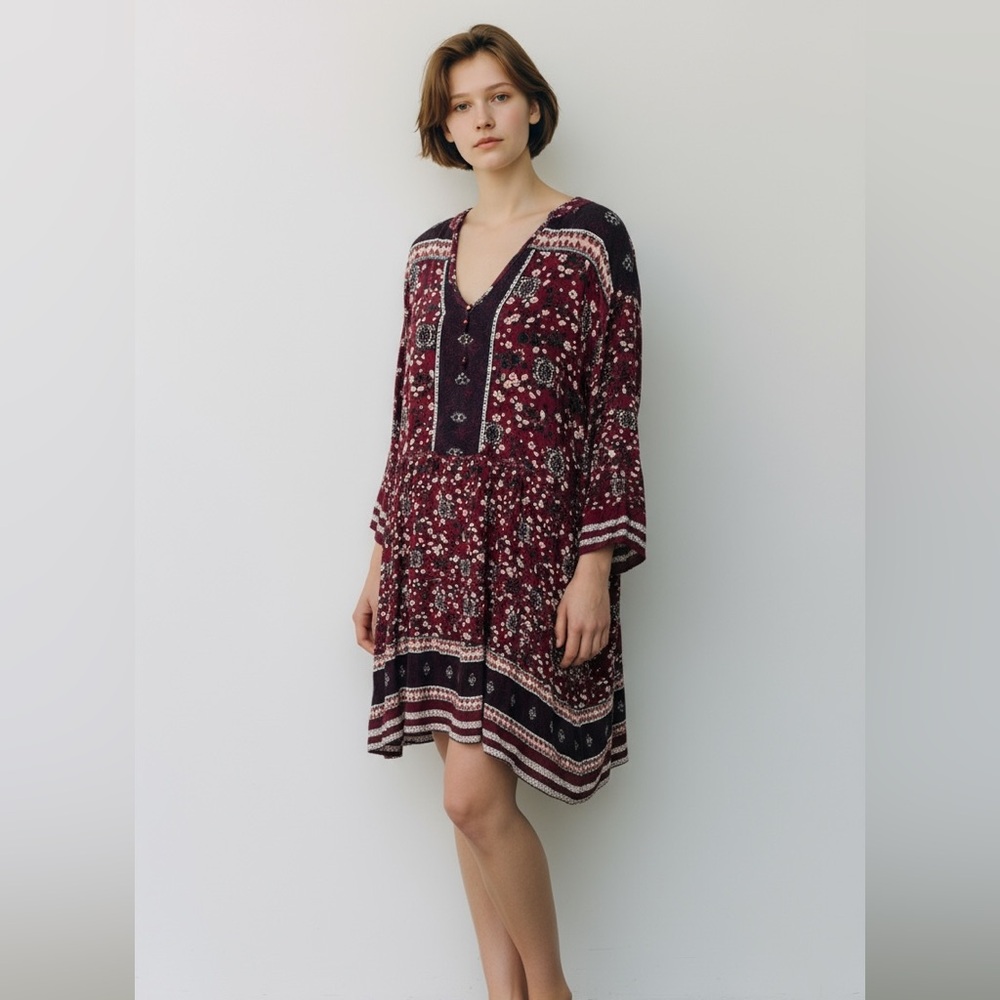Knox Rose Fall Boho Dress Women’s Flowy Casual Bohemian Style- Size L